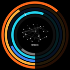 The WEEK face: five coloured rings around a week chip